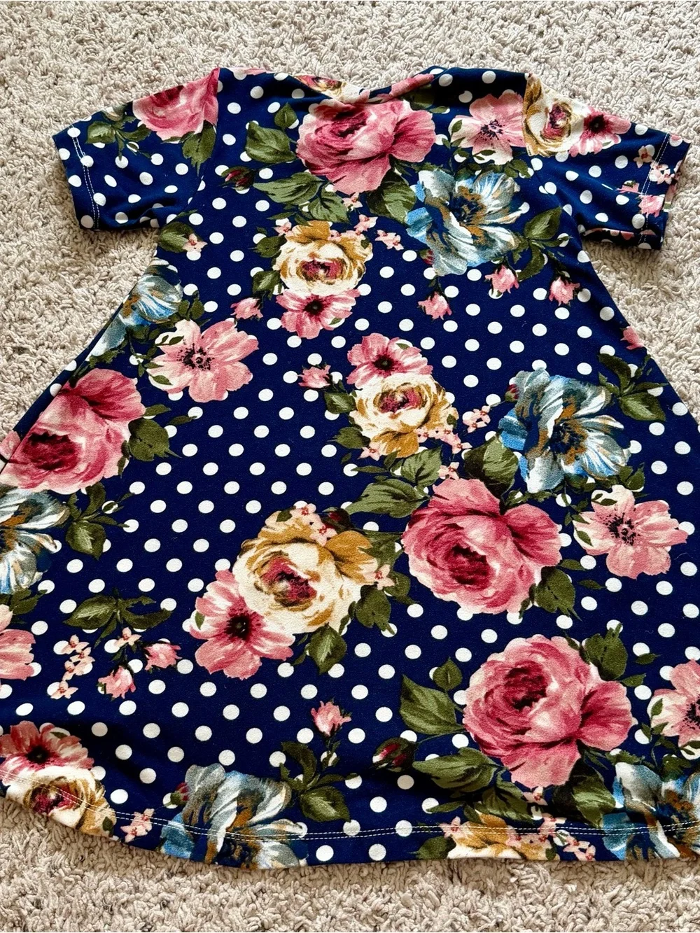 Handmade Laine Avery Navy Floral Polka Dot Swing Dress with Pink Accents